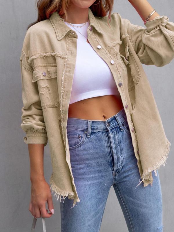 Women's Plain Ripped Raw Hem Button Front Drop Shoulder Coat, Casual Pocket Long Sleeve Collared Outerwear, Airport Outfits, Women's Shacket, Ladies Clothes, Summer Outfits 2024, Coats for Women Womenswear Jackets Tops Comfort Basic Fitted Minimalist 8