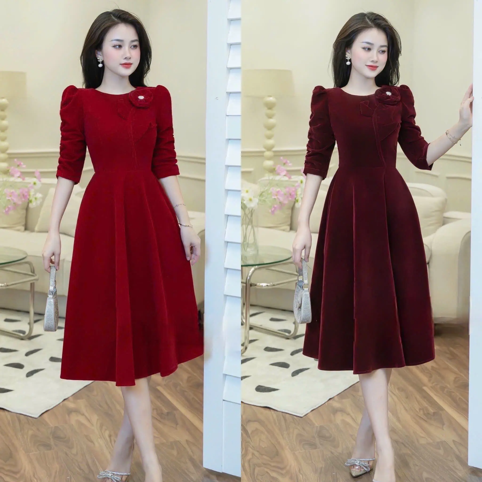 V115 -  Váy nhung phối hoa, chất liệu nhung đứng form, dày dặn, dài 105cm - Thời trang Đầm Nữ Nhà Min, váy dự tiệc thiết kế Women