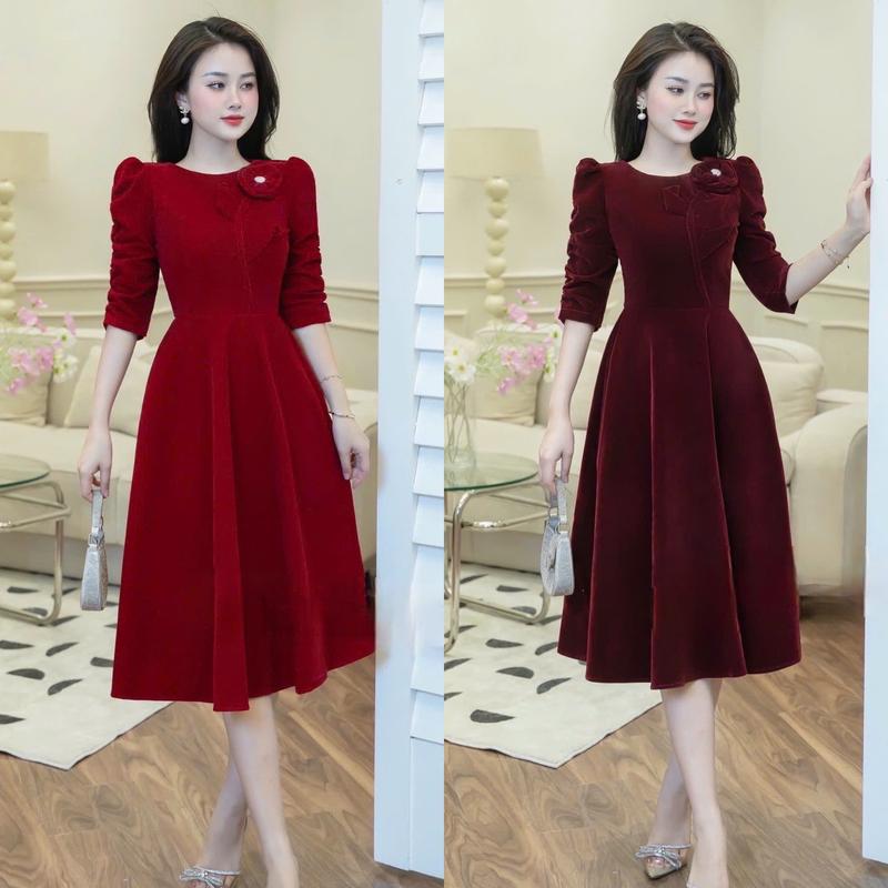  V115 -  Váy nhung phối hoa chất liệu nhung đứng form dày dặn dài 105cm - Thời trang Đầm Nữ Nhà Min váy dự tiệc thiết kế Women 