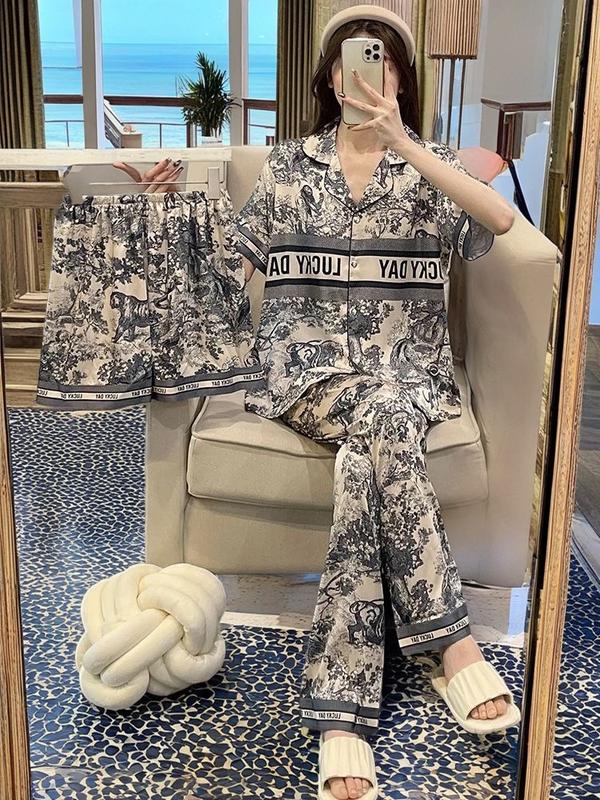 Tay ngắn vẽ mực băng lụa đồ ngủ dài tay cho phụ nữ Internet phong cách người nổi tiếng mùa xuân và mùa thu quần cặp đôi mặc nhà bộ đồ mùa hè phong cách mỏng