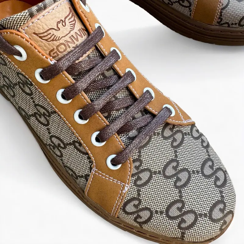 Giày thể thao nam - giày Sneaker nam cao cấp, chất liệu da Sít ( Microfiber ) loại 1, Phiên bản màu Nâu họa tiết và ghi họa tiết,  Đế Cao Su đúc Nguyên Khối cực kỳ êm chân, thoáng khí, dây thắt nút, Thích Hợp 4 Mùa Cao Su Caro Shoes Sneaker 3