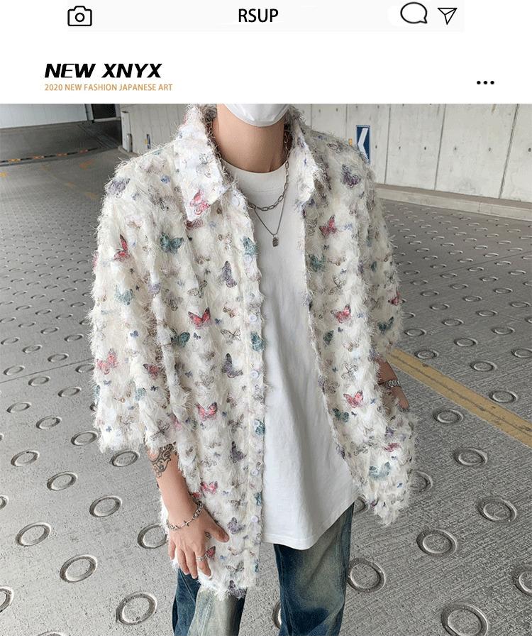 Product Introduction of Summer Design Butterfly Three-Dimensional Tassel Shirt Short Sleeve Men's Niche Vintage Shirt Coat Fashion Brand Couple's Tops 1