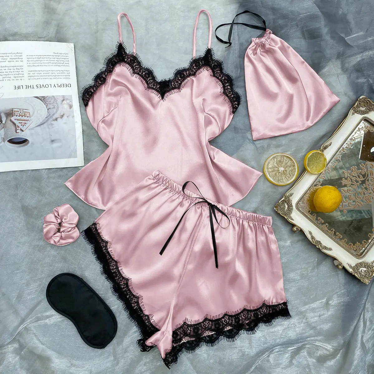 Sexy Lace Suspender Skirt Home Wear Women's Summer Vest Lace-up Shorts Suit Home Silk Ice Silk Pajamas