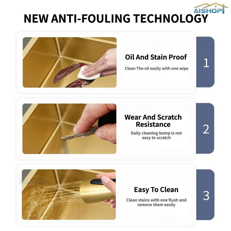 Product Introduction of [SG Seller]SUS 304 Stainless Steel Pullout Faucet Tap Gold Waterfall Kitchen Sink  Single Basin Bowl Tank Tap 8