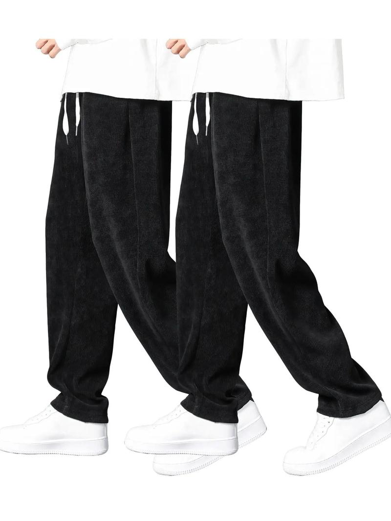 Product Introduction of Men's Solid Drawstring Waist Corduroy Pants, Casual Comfy Straight Leg Trousers for Fall & Winter, Men's Bottoms for Daily Wear 16