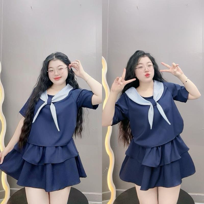  Set áo váy Bigsize Nữ Mùa Hè Phối Khăn Thuỷ Thủ Kết Hợp Chân Váy Xoè Phong Cách Trẻ Trung Xinh Xắn Chất Vải Mềm Mịn Mát Cho Nữ Chuppy  50-95kg - SET834 