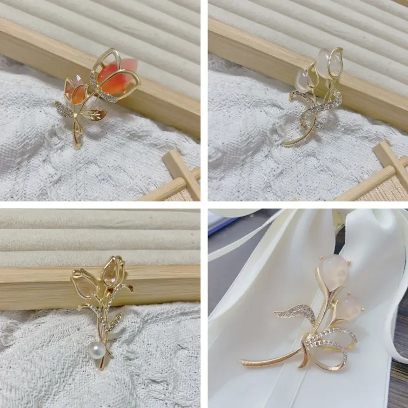 Brooch Accessories High-Grade Niche Girl Scarf Buckle Alloy Corsage All-Match Tulip Rhinestone Pin