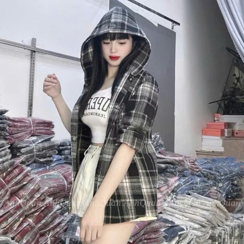 Áo Khoác Caro Nam Nữ Cài Nút Phối Nón Siêu Xinh - Thời Trang HOT Treen 1