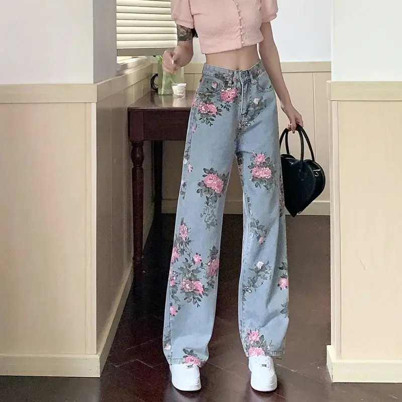 Quần Dài Jean Cạp Cao In Hoa Hồng, Dành Cho Nữ, Dáng Rộng Vừa Vặn, Kiểu Thẳng, Thích Hợp Cho Mùa Hè 2024, Hàng Mới Về, Phong Cách Người Nổi Tiếng Trên Internet, Cùng Phong Cách, Hàng Châu Âu, Quần Ống Rộng