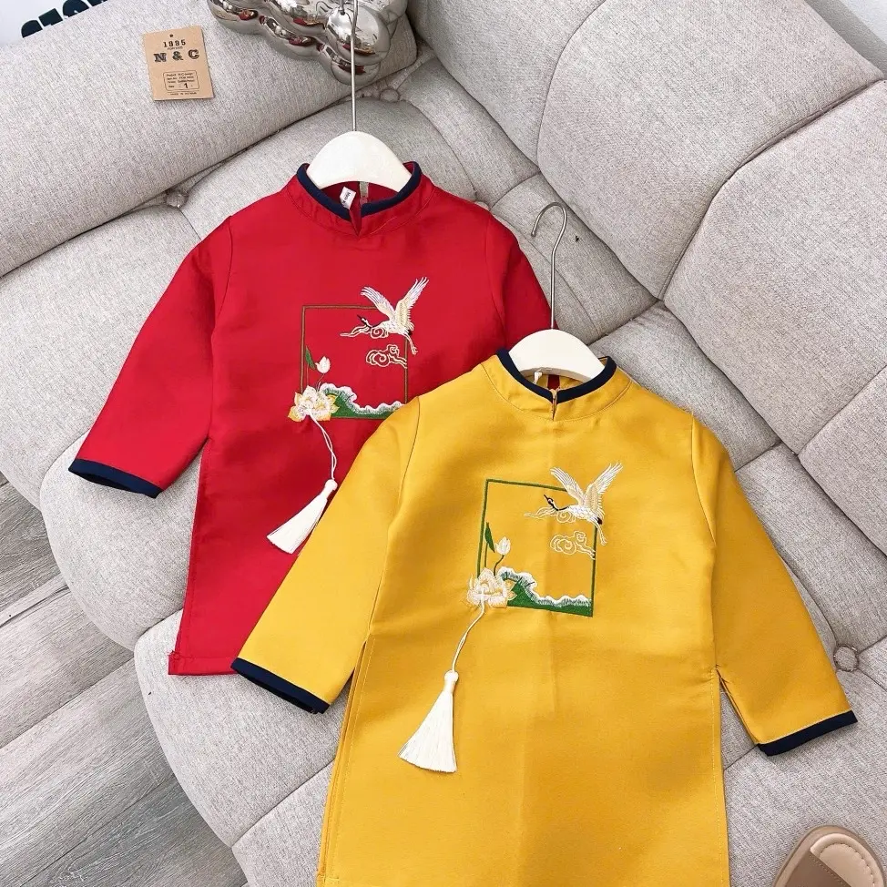 Áo dài cách tân nam phượng sen chuẩn hàng qc - hình thêu vô cùng sắc nét và bền, màu đỏ/vàng