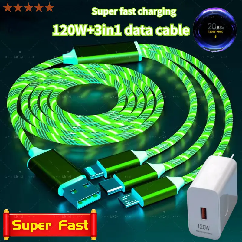 QYH 3in1 120W 6A RGB LED quick charging cable 3 function plug with Led light Flowing light Smartphone Cellphone Charger Electronic