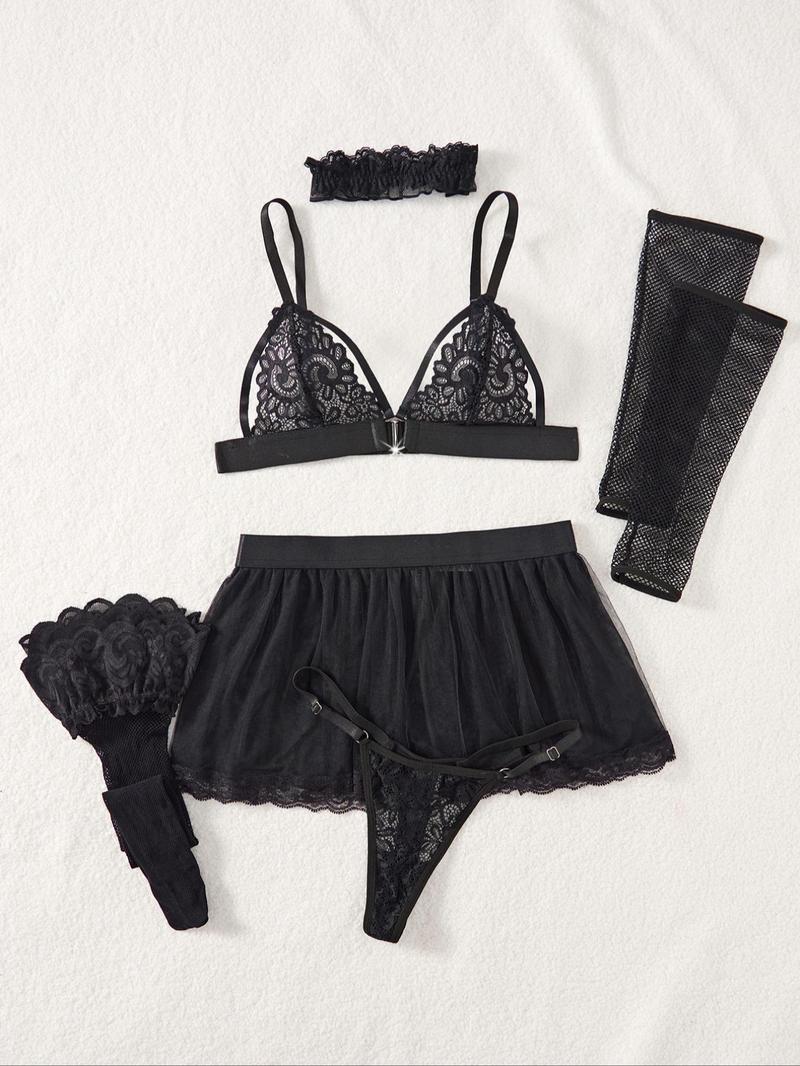 Product Introduction of Women's Floral Lace Sheer Sexy Lingerie Set, Adjustable Strap Ring Linked Bra & Thong & Skirt & Sleeves & Choker & Stockings, Lingerie Set for Women 10