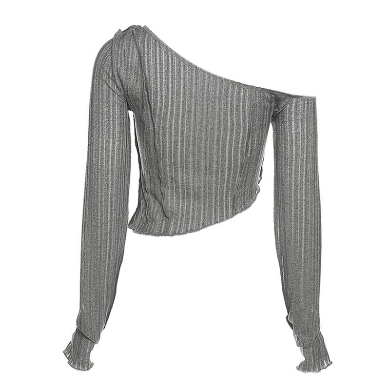 Product Introduction of dance1o1-Women Fashion Solid Color Oblique Shoulder Irregular Exposed Navel Tops 30