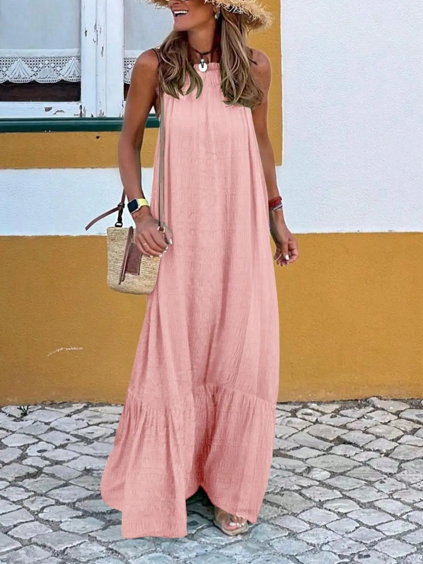Women's Plain Halter Neck Maxi Dress, Elegant Sleeveless Dress for Beach Holiday Vacation, Ladies Clothes for All Seasons