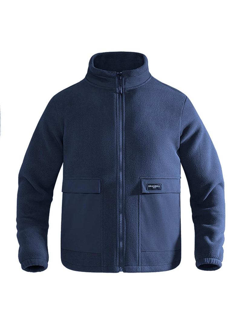 Product Introduction of Men's Solid Patched Pocket Zipper Funnel Neck Fleece Jacket, Regular Fit Casual Long Sleeve Zip Up Outerwear for Fall & Winter, Men's Clothes for Daily Wear 5