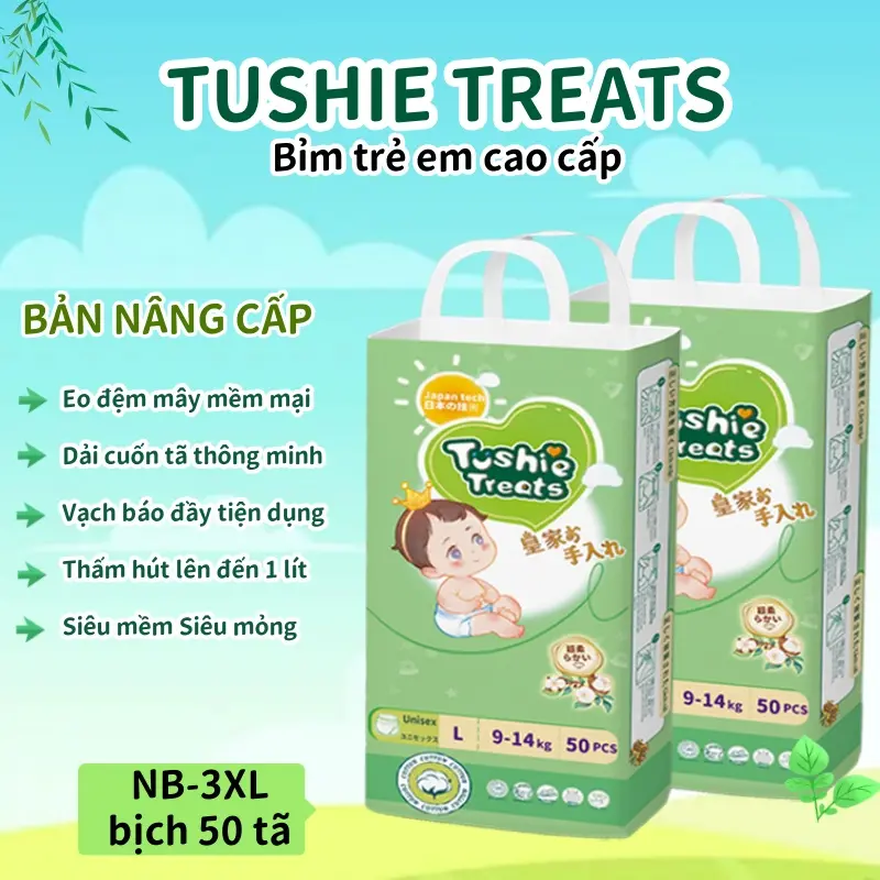Bỉm quần, tã dán trẻ em cao cấp Tushie treats sử dụng công nghệ Nhật Bản, bịch 50 miếng, thấm hút 1000ml, giữ mông bé luôn khô thoáng M-L-XL-2XL-3XL cho bé