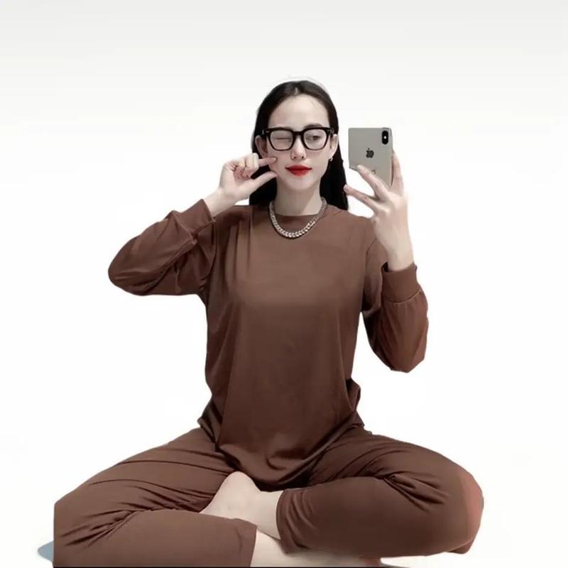 SÉT Ủ KEM ÁO CỔ TRÒN QUẦN ÔM THUN GÂN SIÊU HOT Nữ Women Top đồ bộ