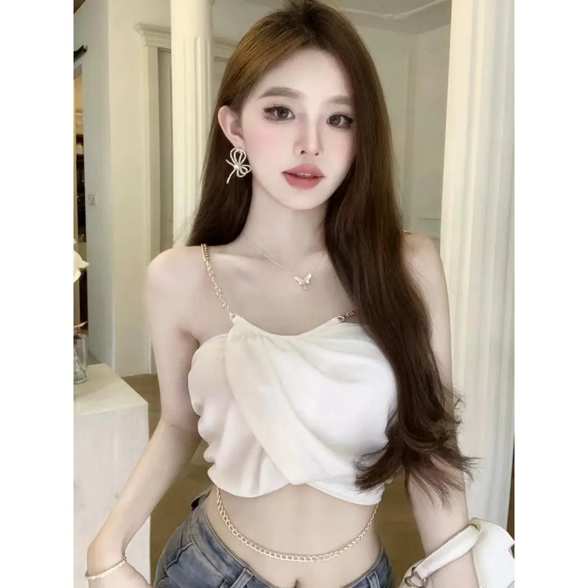 Áo Mặc Bên Ngoài Phong Cách Vàng, Thanh Lịch, Không Tay, Dễ Thương Và Gợi Cảm, Cô Gái Nóng Bỏng, Địu Nhỏ Cho Nữ, Áo Vest Ngắn, Có Thể Mặc Bên Trong Áo Ống, Thích Hợp Cho Năm 2024 Top Women Trắng