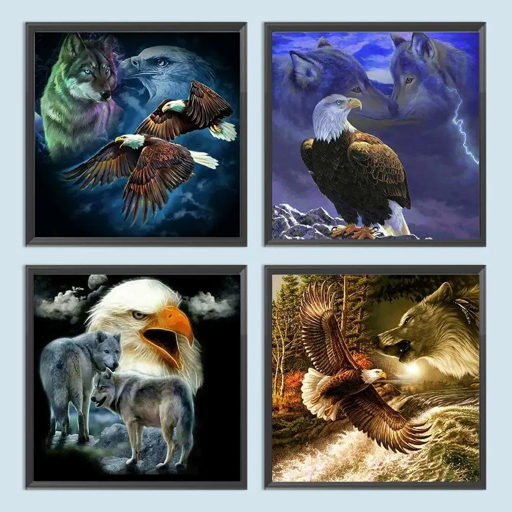 Eagle & Wolf Pattern DIY Diamond Arts Colorful Painting Kit without Frame, 4 Counts/set 5D Diamond Arts Colorful Painting Kit for Home Decoration