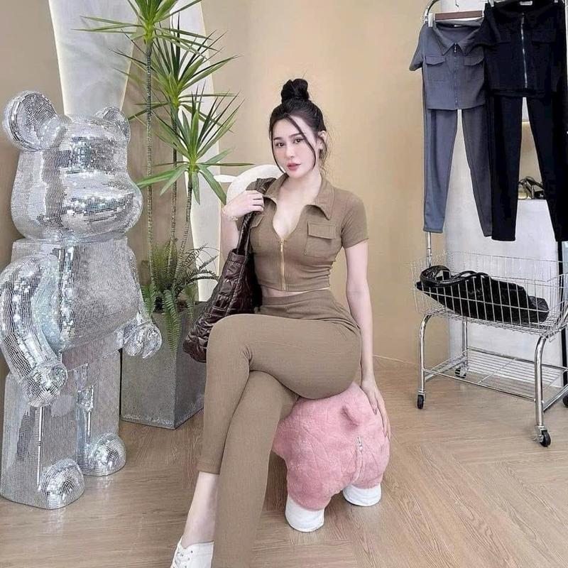 Sét bộ Nữ thun tăm lạnh co giãn dày dặn, Áo túi nắp crop top cổ trụ khoá kéo , quần lưng siêu cao có túi Women 6