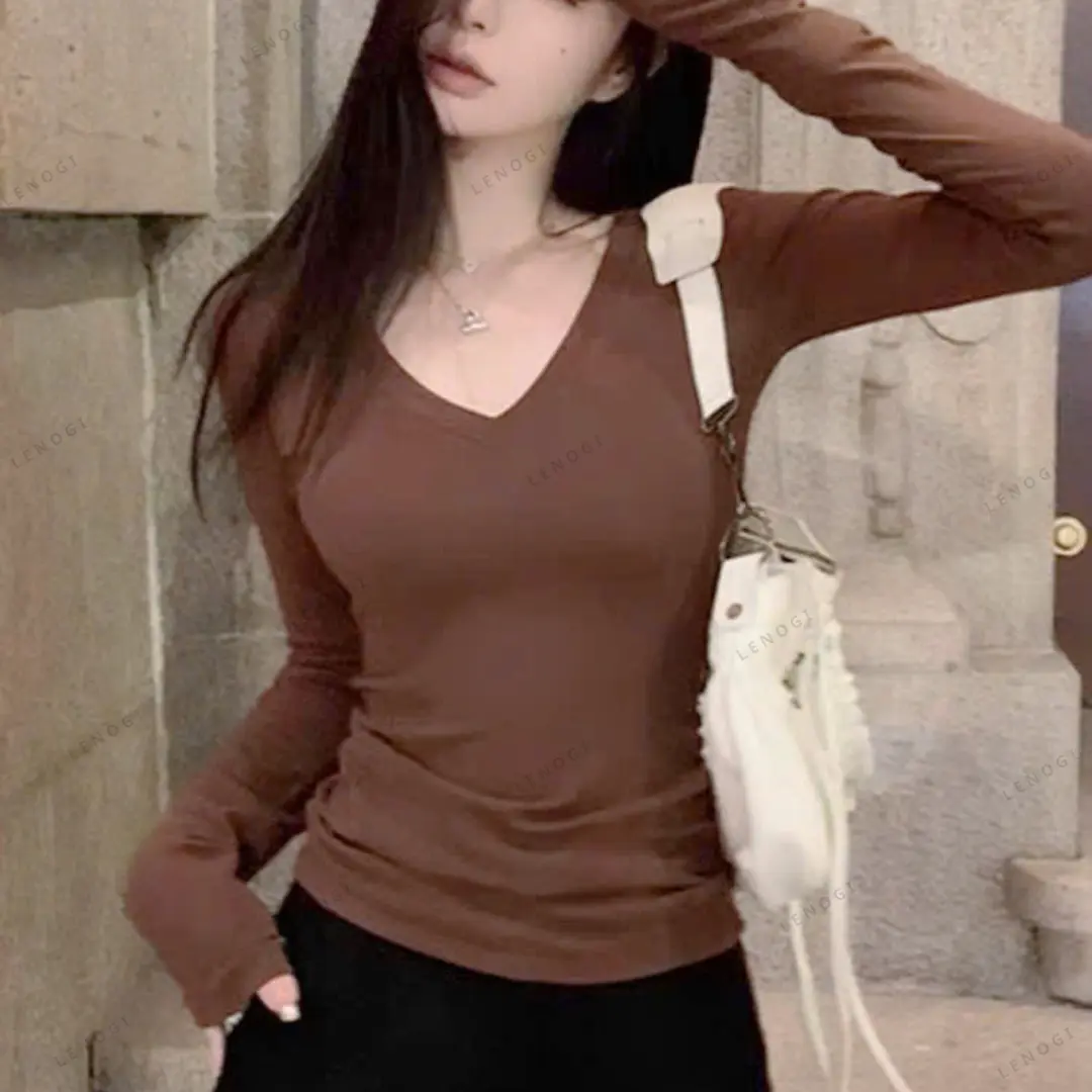 Áo thun nữ dài tay cổ tim cotton không pha nilon LENOGI Áo giữ nhiệt  ôm body cotton siêu co dãn mịn mát A82 Top | BigBuy360 - bigbuy360.vn