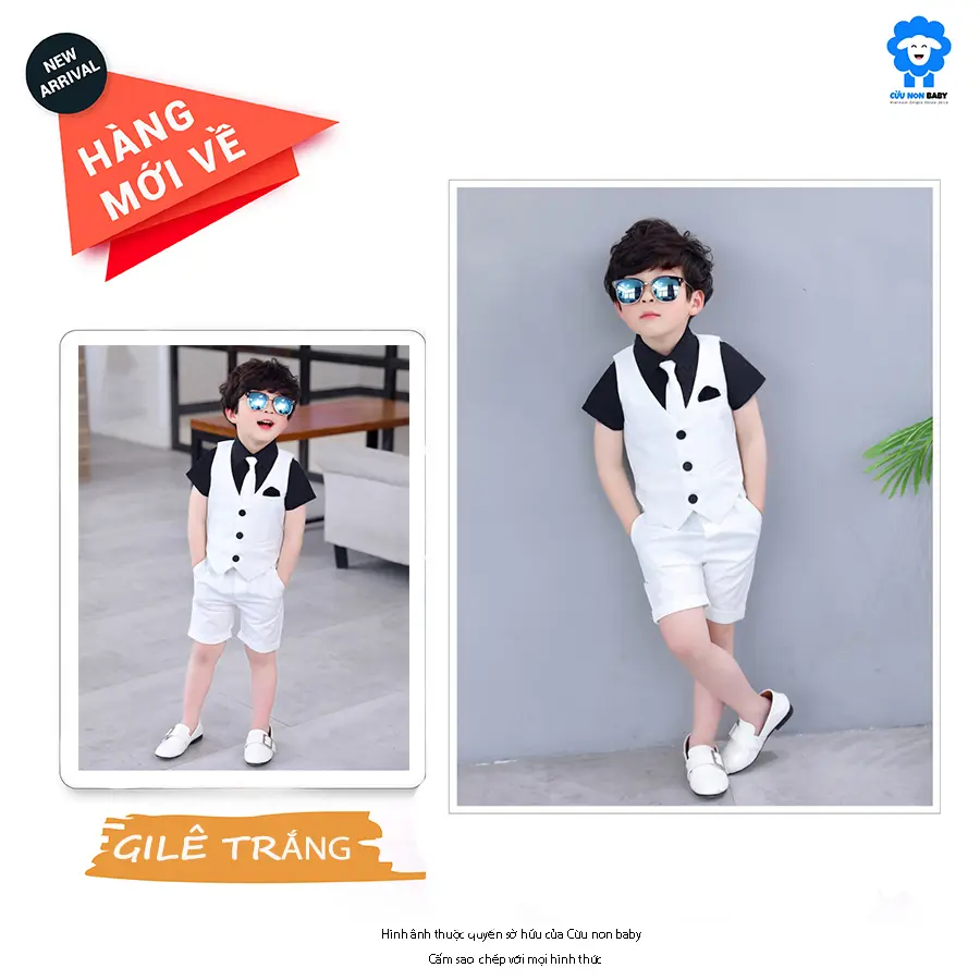 Vest Bé Trai Mùa Hè, Vest Trẻ Em, Gi Lê Ba Mảnh, Phù Hợp Sinh Nhật, Đi Tiệc - Màu Trắng