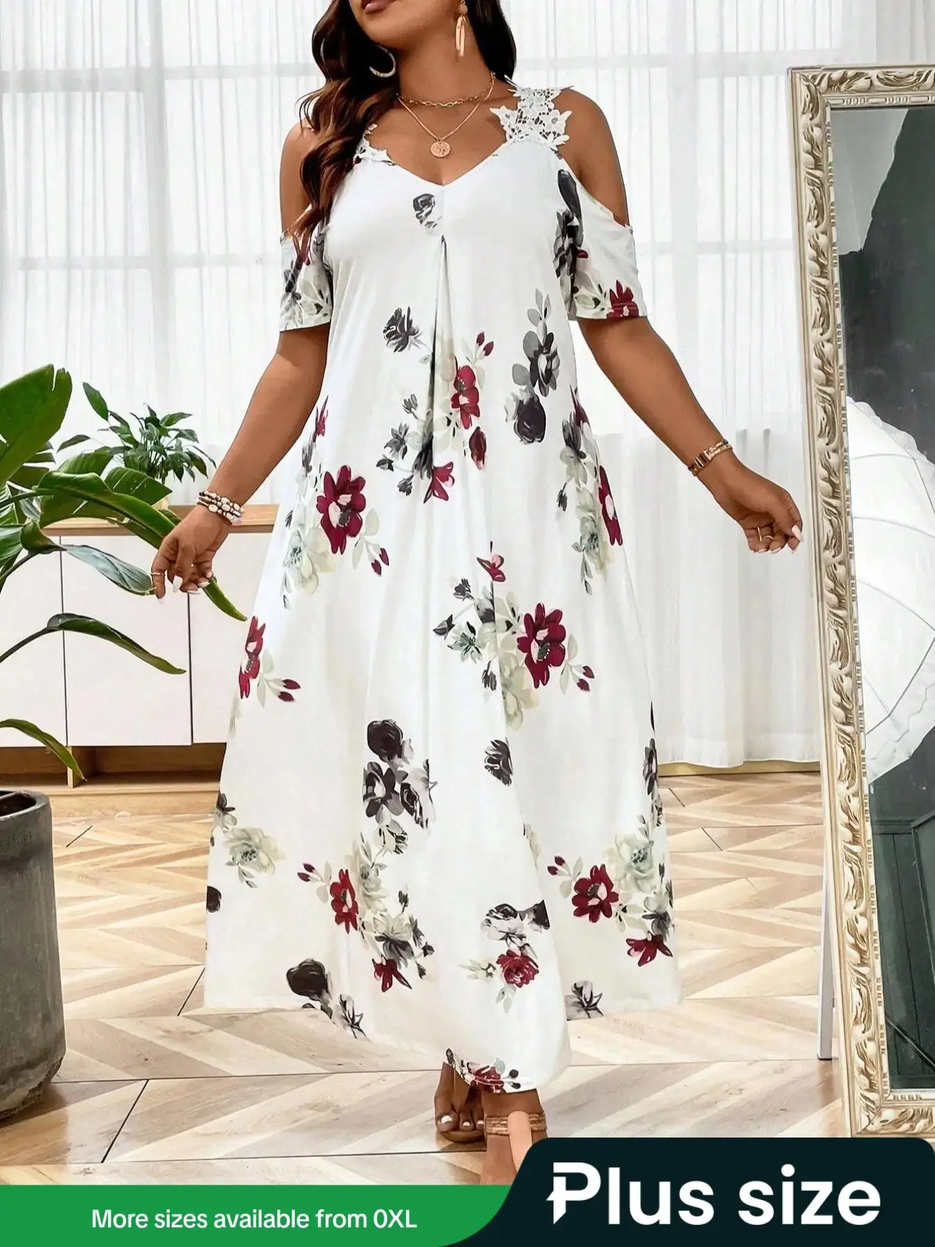 【Plus Size】 Floral Print Cold Shoulder Dress, Boho Fashion Casual Dress for Daily Holiday Vacation Wear, Women Plus Clothing for Summer