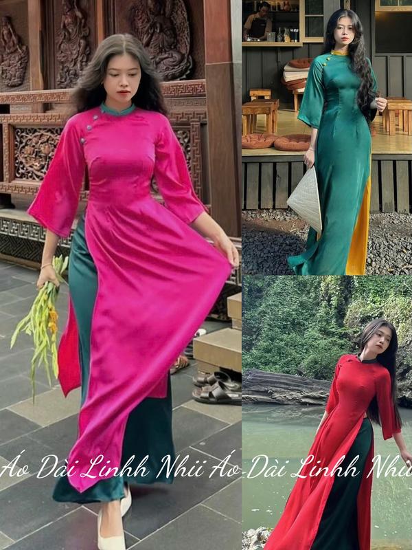 Áo dài lụa ngọc trai cao cấp thiết kế ống tay loe cách điệu Dress