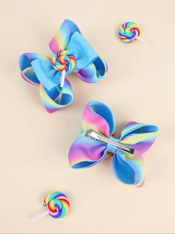 Rainbow Ombre Color Lollipop Design Hair Clips Set, Cute Bowknot Hair Clips for Girls, Fashion Hair Accessories for Party, Daily Clothing Decor 8