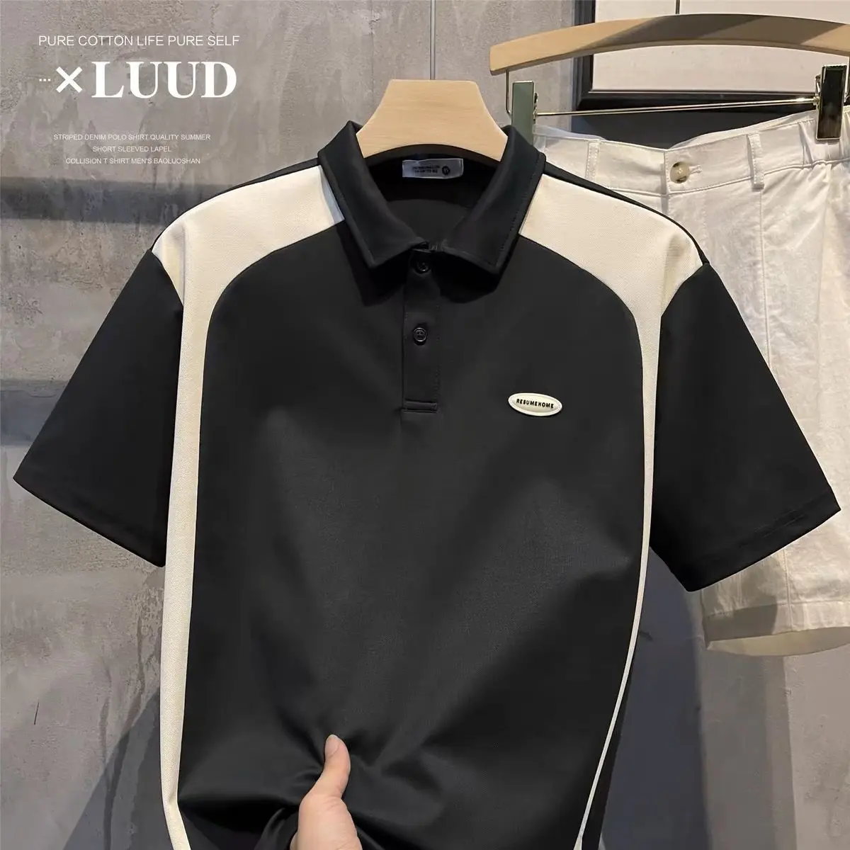 Men's Summer New Cool Fabric Short Sleeve Polo Shirt Retro Fashion Brand Color Stitching Turnover Neck Slightly Wide Polo T Shirt