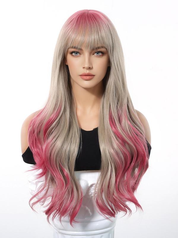 Long Ombre Color Curly Wigs for Women, Gorgeous Fluffy Wigs with Bangs, Synthetic Full Machine Wigs for Party, Daily Use 4