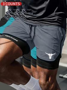 Men's 2 in 1 Letter & Bull Head Print Shorts, Casual Breathable Comfortable Elastic Waist Shorts, Summer Sports Bottoms for Gym Workout Running