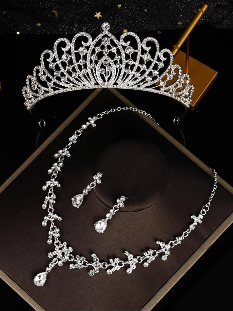Product Introduction of Elegant Rhinestone Decorated Crown & Necklace & Dangle Earrings, Wedding Bridal Jewelry Set, Fashion Accessories for Party, Daily Clothing Decor 7