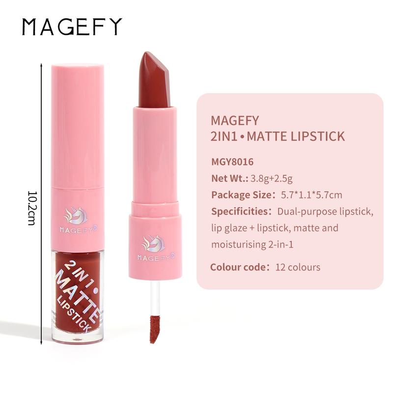 Product Introduction of 【CUCI GUDANG】MAGEFY 2-IN-1 Lipstik  / Matte Liquid Lipstick / Lip Lembut Tahan Lama Pelembab Pigmentasi Tinggi 12 Colors 8016 25