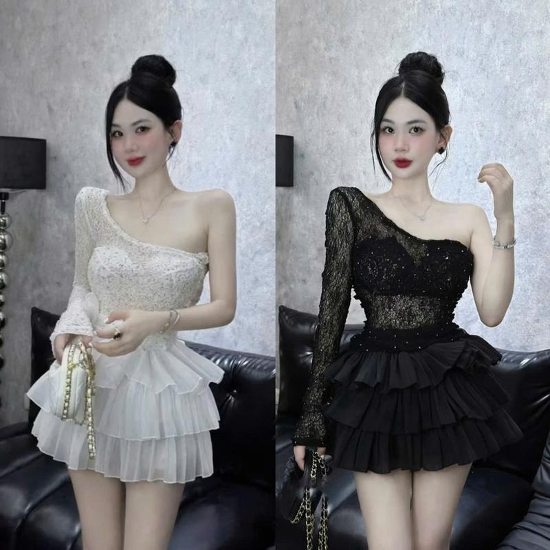 Set bộ nữ áo ren mỏng đính đá lệch vai chân váy tầng sang chảnh kèm bra - voan lưới 10BB set bộ , set nữ tôn dáng , set chân váy , set bộ nữ , set đi biển , set váy