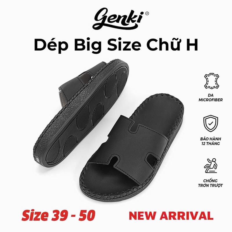 Dép Nam Big Size Chữ H Khâu Đế GENKI Màu Đen Đế Cao Su Chống Trơn Trượt Đế Bằng DéP Hoa dep da ben Đồng dép  nam