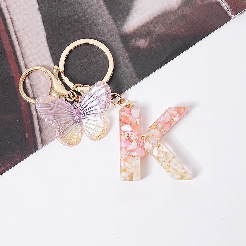 Product Introduction of [QQQ]Pink Dream Butterfly 26 Letters A To Z Resin Keychain 26 Initials White Stone  Leaf Pendant Keyring Backpack Charm Bag Decor 23