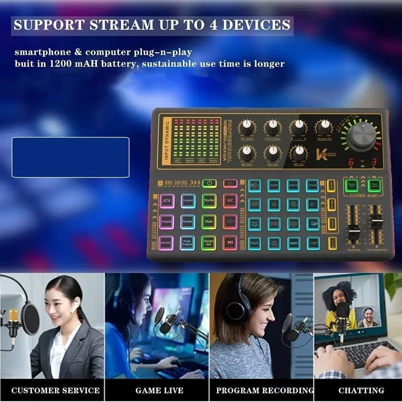 K300 Live Sound Card Audio Mixer, Multifunctional Podcast Audio Interface with DJ Mixer Effects, Voice Changer with Sound Effects for Karaoke Live Streaming Record Gaming, Streaming Accessories 4