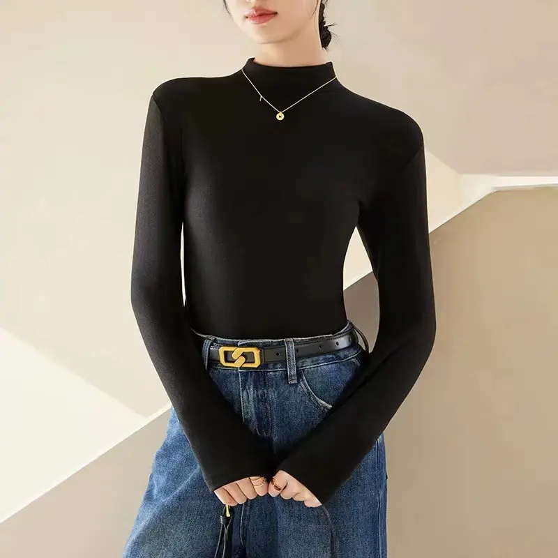 Áo Lớp Nền Dralon Nửa Cổ, Dành Cho Nữ, Hai Mặt, Phong Cách Phương Tây Mới, Thích Hợp Cho Mùa Xuân Và Mùa Thu, Có Thể Mặc Bên Trong, Màu Trơn Áo Có Đệm Chà Nhám