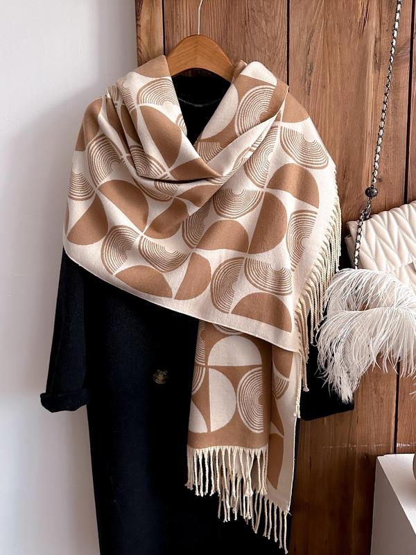 Women's Geometric Print Tassel Decor Shawl, Boho Style Casual Soft Warm Long Scarf for Fall & Winter, Fashion Accessories for Daily Wear 3