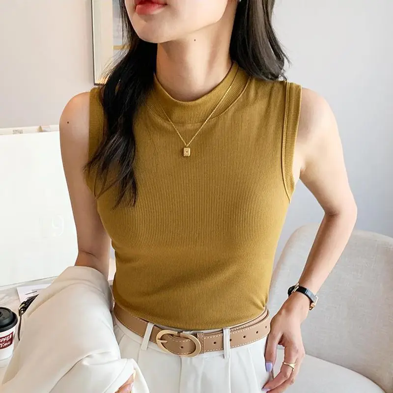 Áo Yếm Cổ Lọ Nửa, Dành Cho Nữ, Hàng Mới Về Mùa Thu 2024, Màu Trơn Áo Mặc Bên Ngoài, Ôm Vừa Vặn, Ngực Siêu Dáng Ôm, Có Thể Mặc Bên Trong, Áo Không Tay Top Women Cổ Tròn Tua Rua Umi Denim 8