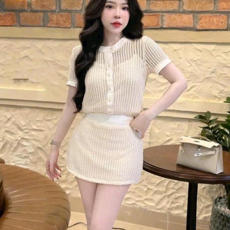 (free size eo duới 74cm) Set áo Nữ ren lỗ cổ tròn có lót kèm chân váy có lót quần Women Dress 0