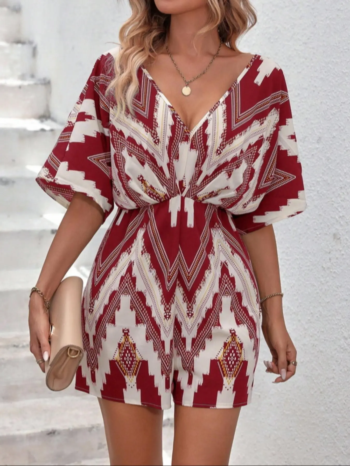 Women's All Over Print Tie Back Romper, Elegant Deep V Neck Half Sleeve Romper for Summer, Fashion Women's Clothing for Daily Wear