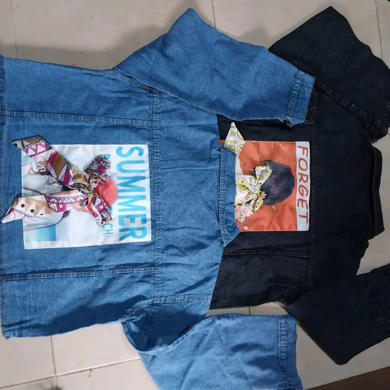 Jaket jeans jaket wanita crop jaket kekinian belakang emblem pita 3D Santai 2