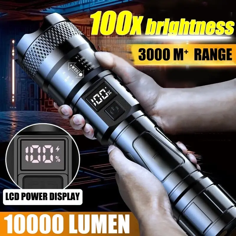 Zoom Rechargeable Flashlight Super Bright Waterproof Heavy Duty Flashlight Power Display Outdoor