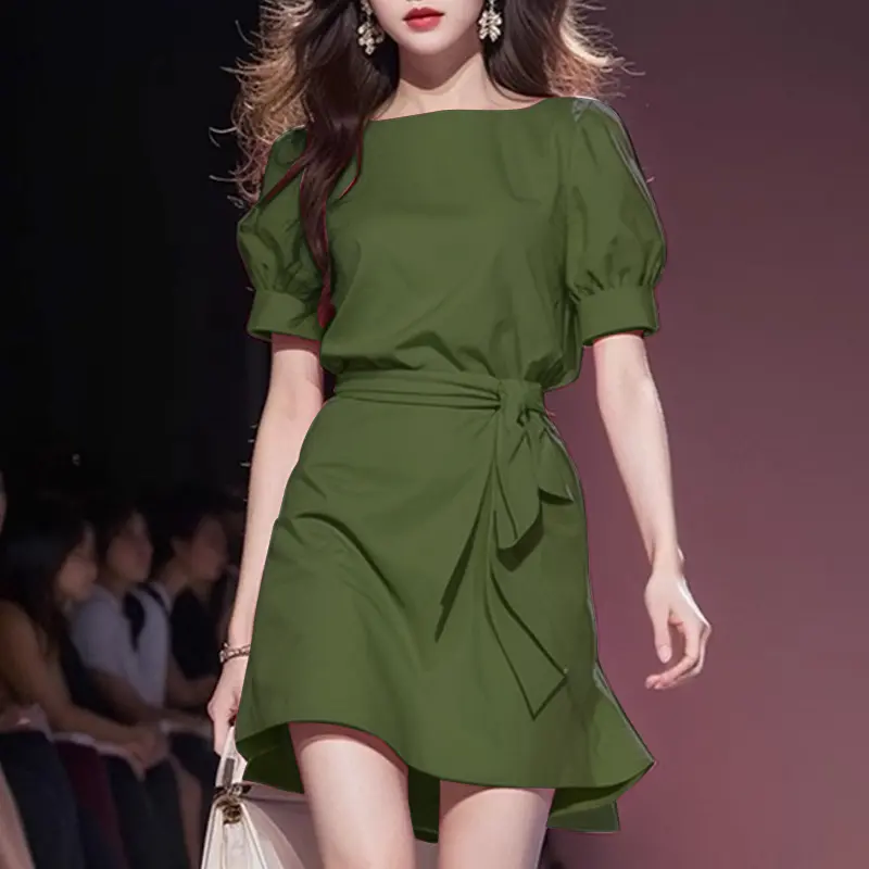 Váy Chữ A, VONDA, Phong Cách Ladylike Nữ, Cổ Tròn, Buộc Dây, Tay Phồng, Màu Trơn Váy Mini, Thiết Kế Hoa Hàn Quốc 2