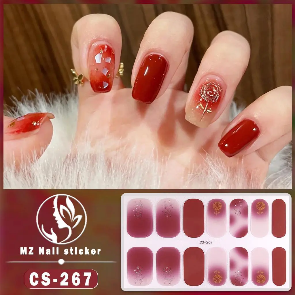 Miếng Dán Móng Tay Gel Bán Chữa, 14 Chiếc, Hoa Đỏ Khỏa Thân, Dải Móng Tay Gel, Tự Làm, Làm Móng Tay, Nghệ Thuật Bọc