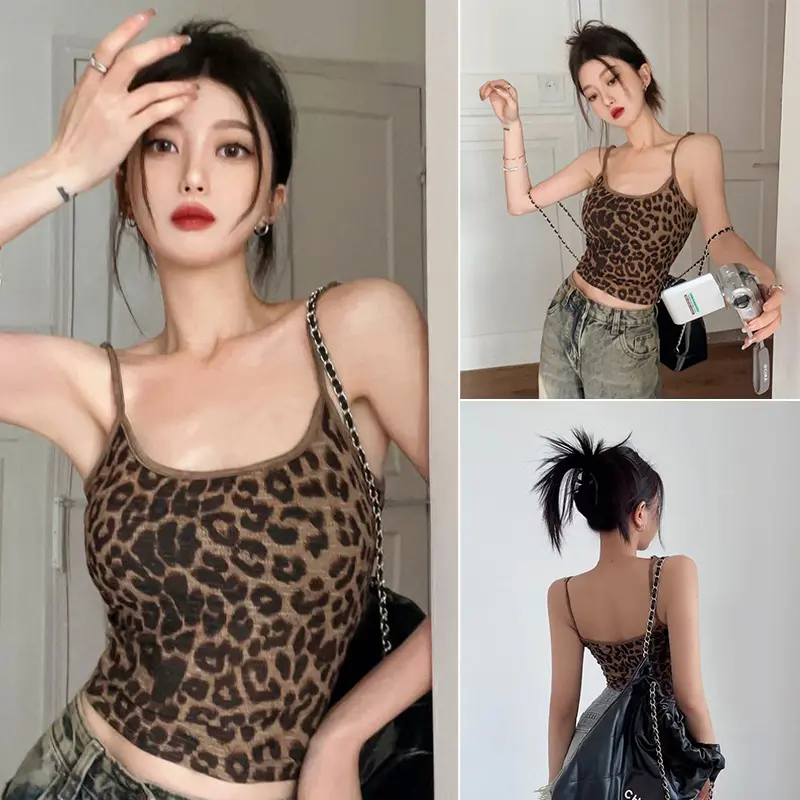 Leopard Print SuspenderRound Neck Sleeveless Backless Spaghetti Strap Women's Vest Suitable for Party Club Cocktail Party