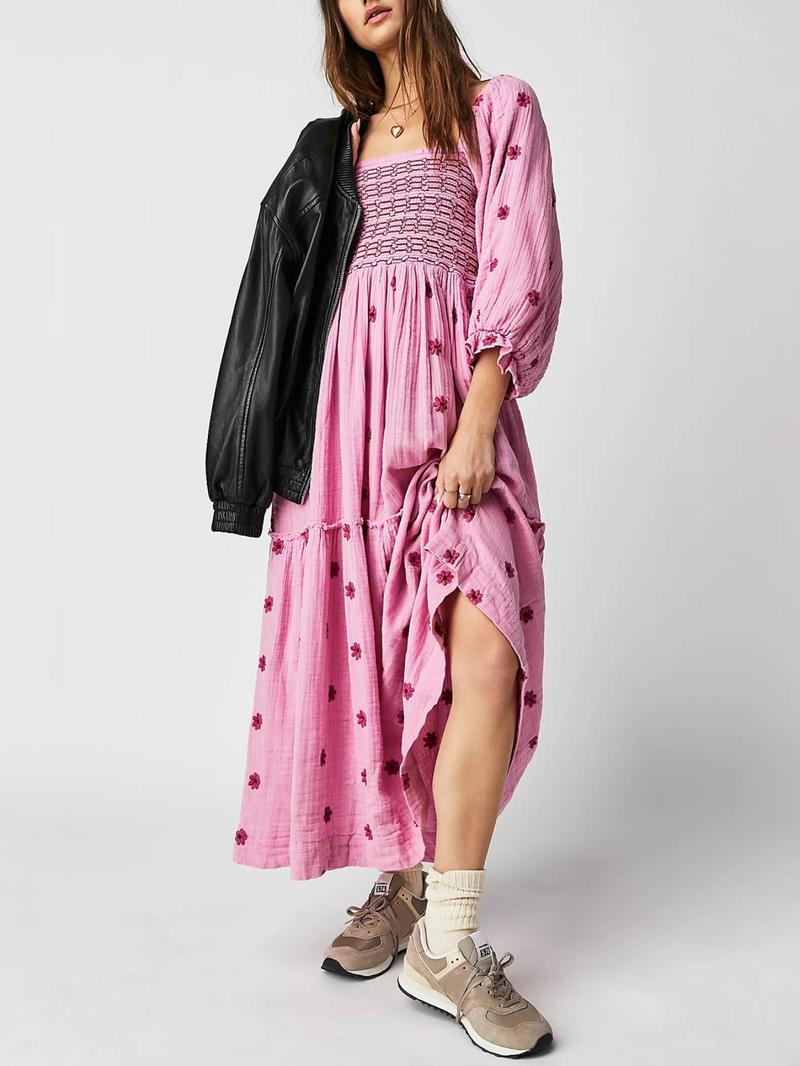 Product Introduction of Women's Floral Embroidery Frill Trim Shirred Flounce Sleeve Dress, Boho Fashion Long Sleeve Square Neck A Line Dress for Daily Holiday Vacation Wear, Ladies Dress for All Seasons, Dresses for Women,  Spring Dress 9