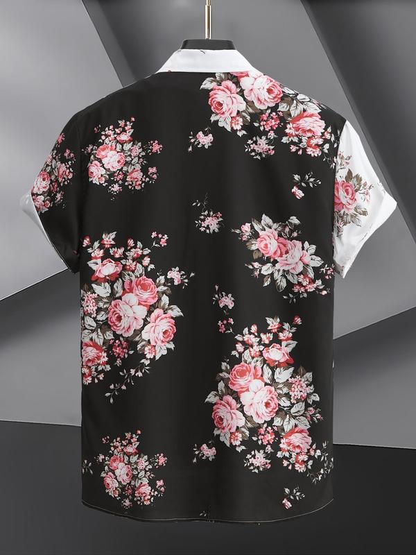 Men's Colorblock & Floral Print Button Front Shirt, Loose Casual Pocket Short Sleeve Top for Summer, Summer Clothes, Men's Clothes for Daily Wear, Menswear 1